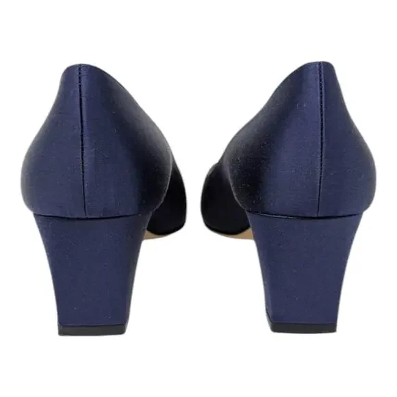 Manolo Blahnik Okkato Jeweled Buckle Crepe de Chine Low Heel Pump Navy 39.5 | 9 - Picture 6 of 12